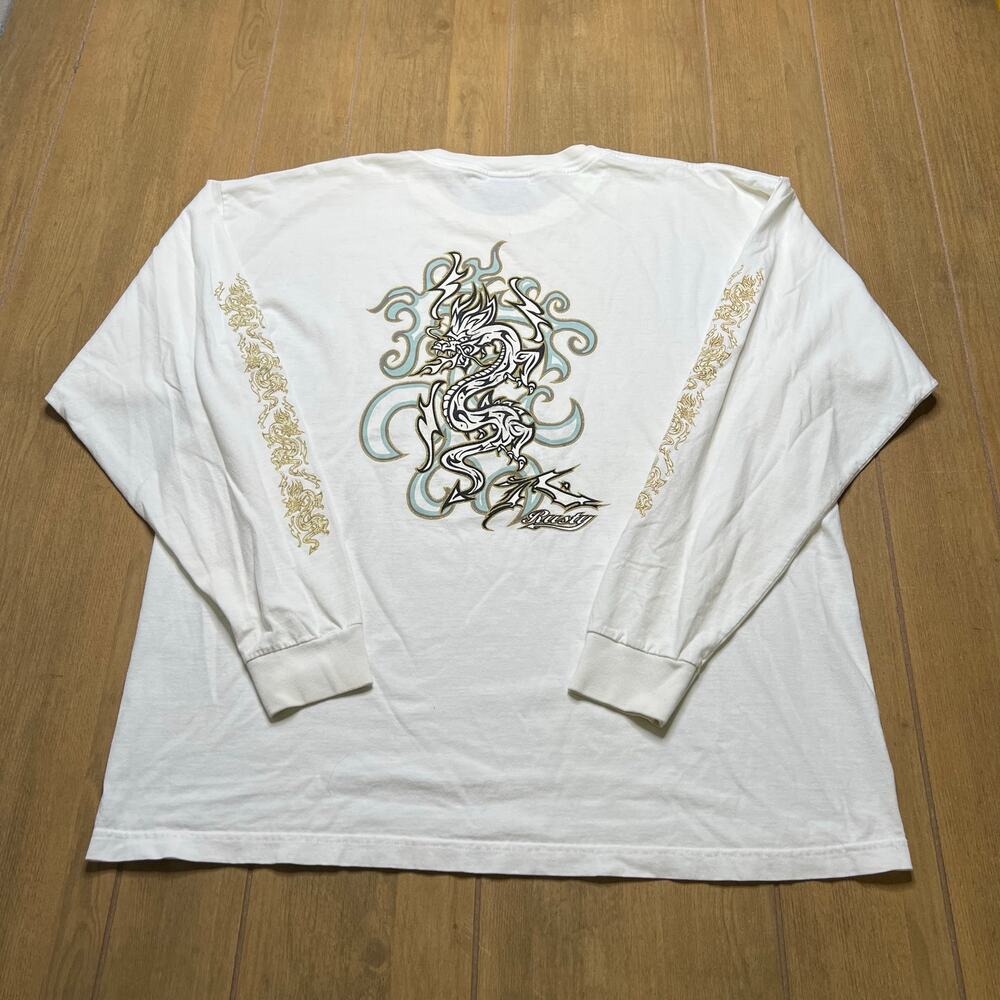 Vintage Rusty white long-sleeve graphic t-shirt dragon Sz XL